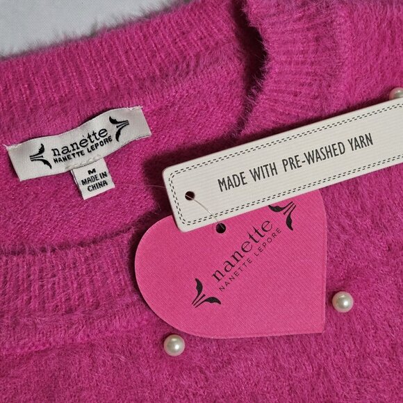 NWT Nanette Lepore Sweater Fuzzy Bright Pink Faux Pearl Womens M Embellished - Picture 5 of 7